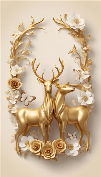 تصویر گوزن و ماده گوزن طلایی در قاب گل‌های سفید برای چاپ