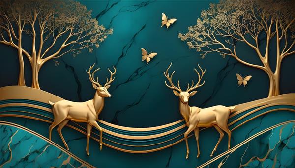 تصویر دو گوزن طلایی با دکوراسیون درخت فیروزه‌ای برای چاپ پرده