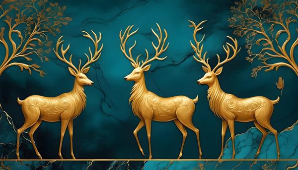 طرح سه گوزن طلایی در جنگل زمستانی فانتزی برای پوستر باکیفیت