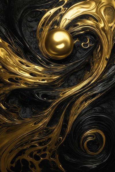 عکس بافت مایع طلایی و سیاه با گوی سه بعدی برای پوستر عمودی