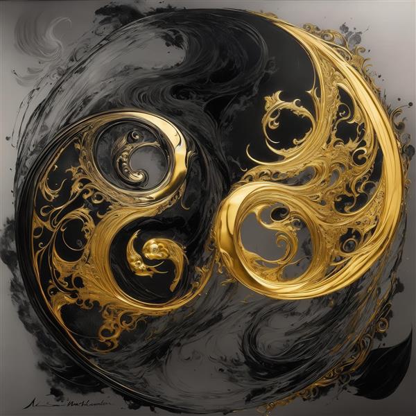 طرح نماد یین و یانگ طلایی و سیاه با جزئیات تزئینی برای تابلو