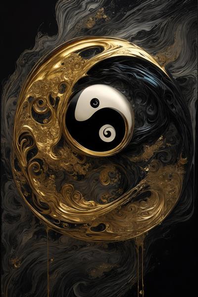 عکس نماد یین و یانگ طلایی و سیاه در دایره‌ای لوکس برای تابلو