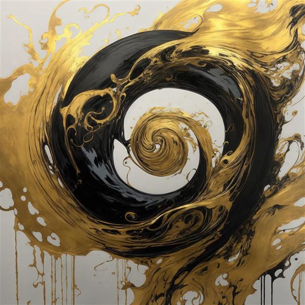 طرح دایره‌ای سیاه و طلایی با مایع روان برای پوستر دکوراتیو