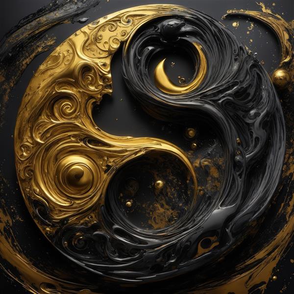 عکس نماد یین یانگ سه بعدی لوکس سیاه و طلایی برای تابلو نشیمن