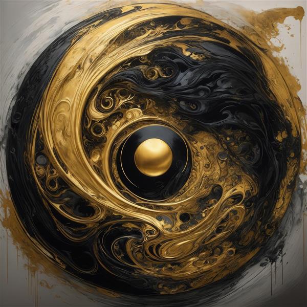 طرح گردابی آبستره طلایی و مشکی با گوی مرکزی برای چاپ باکیفیت