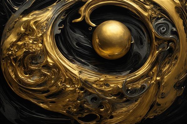 طرح آبستره مایع طلایی و مشکی با گوی در مرکز برای تابلو سه بعدی