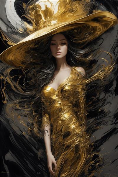 تصویر پرتره زن در میان بافت‌های طلایی و سیاه برای چاپ باکیفیت