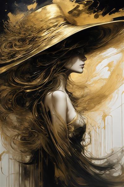 عکس نیمرخ زن با کلاه و لباس طلایی برای تابلو دکوراتیو لوکس
