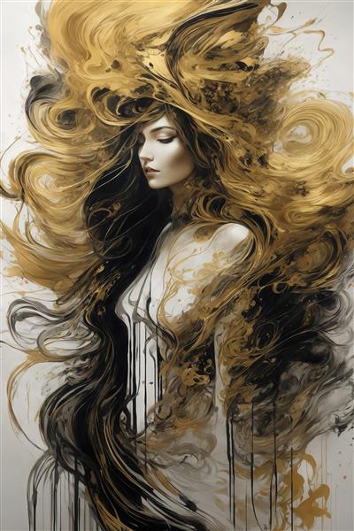 پرتره زن با موهای مشکی و طلایی آبستره برای چاپ روی بوم نقاشی