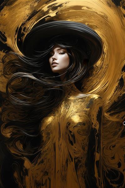 طرح زن طلایی و مشکی با موهای مواج برای پوستر دیواری شیک و مدرن