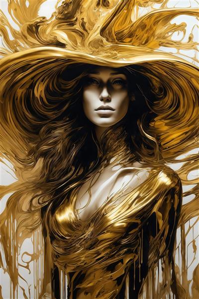تصویر پرتره زن با موهای مجعد طلایی و لباس مایع برای چاپ دکوراتیو