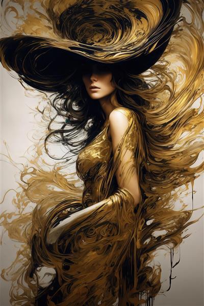 طرح زن فانتزی با لباس طلایی و کلاه بزرگ برای پوستر دیواری باکیفیت