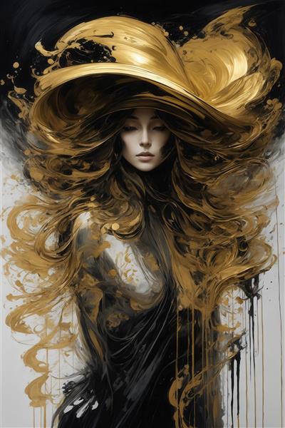 عکس پرتره زن لوکس با موها و کلاه طلایی برای تابلو دکوراتیو