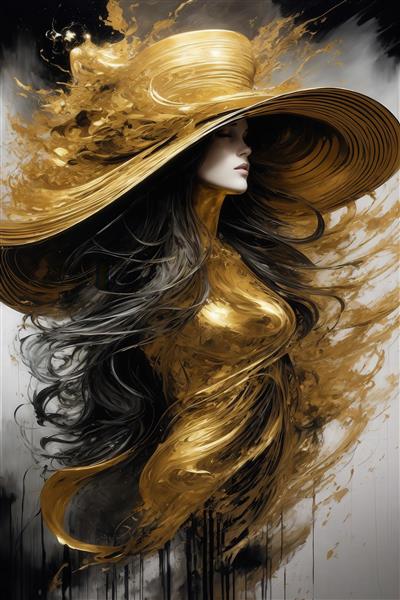 طرح نیم‌تنه زن با کلاه حصیری طلایی و موهای بلند سیاه برای روتختی