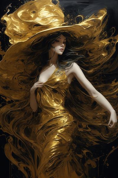 عکس فیگور زن با کلاه طلایی و لباس مایع روی پس‌زمینه تیره برای پرده