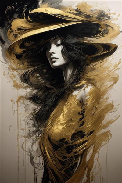 تصویر زن با کلاه بزرگ و موهای روان سیاه و طلایی برای تابلو لوکس