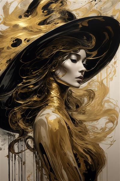طرح نیم‌رخ زن با کلاه سیاه و طلای روان برای پوستر دیواری باکیفیت