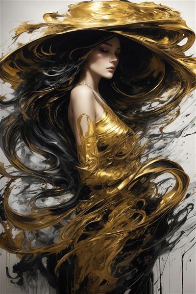 عکس فیگور زن با لباس طلایی مایع و کلاه بزرگ روی زمینه روشن
