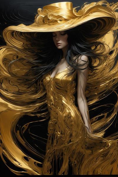 تصویر زن با لباس و کلاه طلایی در میان موهای روان سیاه برای چاپ بوم