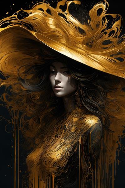 طرح زن با کلاه طلایی بزرگ و موهای پرحجم روی زمینه تیره برای روتختی