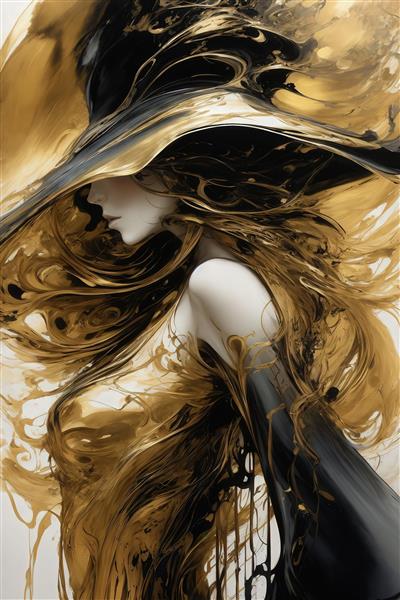 عکس نیم‌تنه زن با کلاه سیاه و طلای مایع روی پس‌زمینه روشن برای تابلو