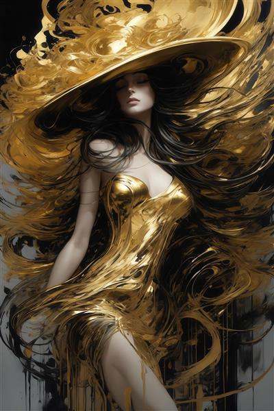 تصویر زن با کلاه بزرگ و موهای بلند طلایی و لباس مایع برای پرده