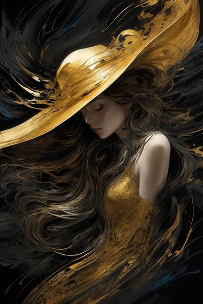 عکس فیگور زن با کلاه طلایی و لباس مایع طلایی روی پس‌زمینه تیره