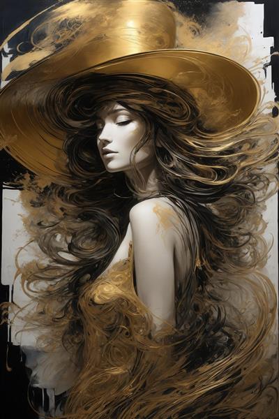 طرح چهره زن با کلاه بزرگ طلایی و موهای بلند تیره برای تابلو اتاق خواب