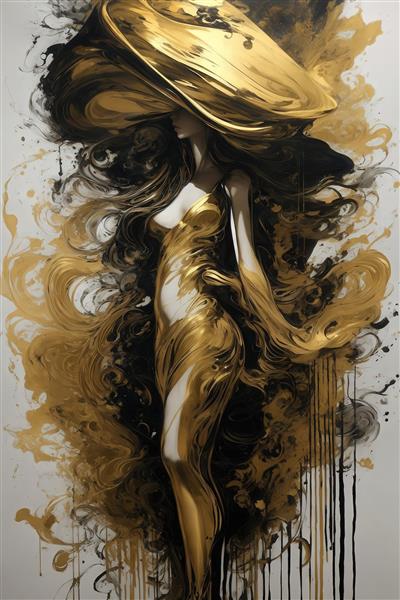 تصویر فیگور زن با کلاه لبه‌دار و لباس طلایی مایع روی زمینه روشن