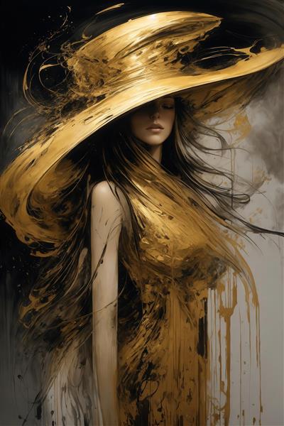 عکس فیگور زن با کلاه طلایی مایع و موهای روان برای چاپ روی پرده