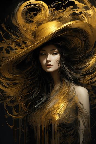 طرح چهره زن با کلاه پهن و موهای بلند طلایی برای پوستر دیواری تیره