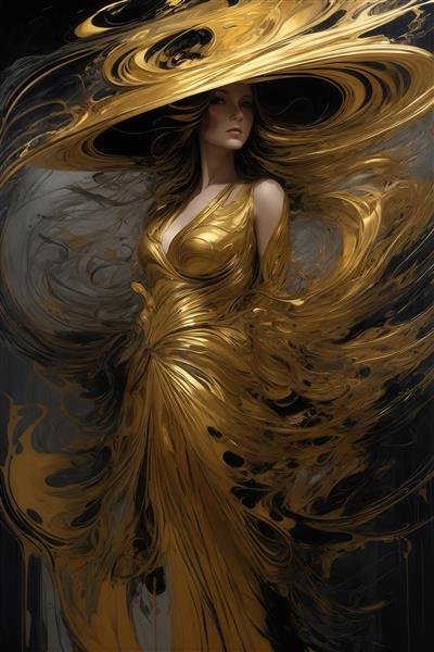 عکس فیگور زن با لباس مجلسی طلایی و کلاه بزرگ برای تابلو دکوراتیو نشیمن