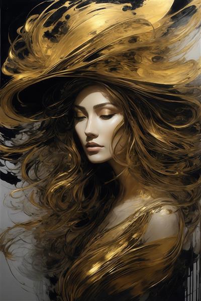 طرح چهره زن با موهای مجعد طلایی و کلاه بزرگ برای پوستر دیواری باکیفیت