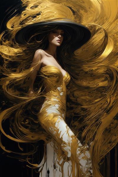 عکس فیگور زن با لباس و کلاه طلایی مایع روی زمینه سیاه برای تابلو مدرن