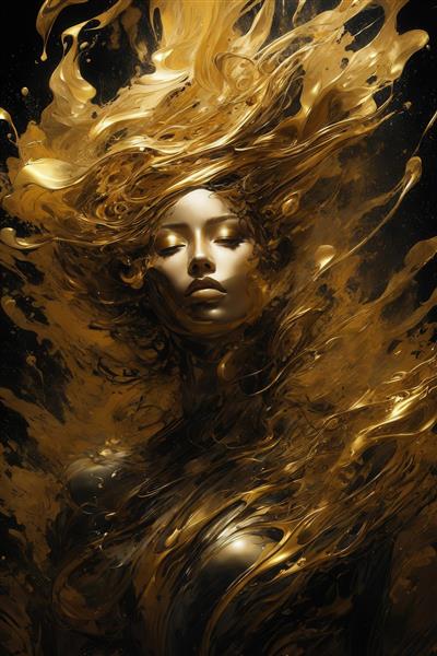 طرح چهره زن با موهای آشفته طلایی در میان سیاهی برای چاپ روی بوم
