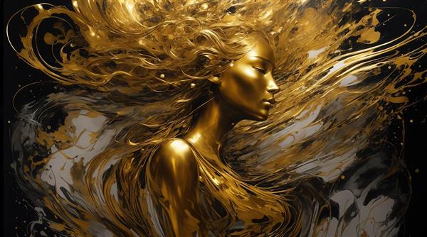 طرح نیم‌رخ زن با موها و بدن طلایی مایع روی پس‌زمینه تیره برای روتختی