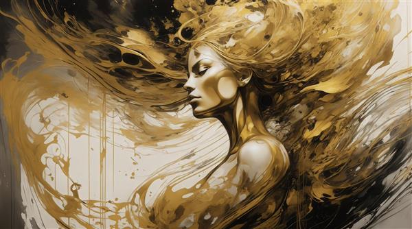 تصویر فیگور زن سفید با طلای مایع و موهای روان انتزاعی برای چاپ پرده