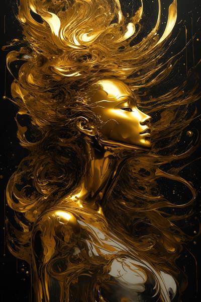 عکس چهره زن با بدن و موهای طلایی مایع روی زمینه تیره برای پوستر