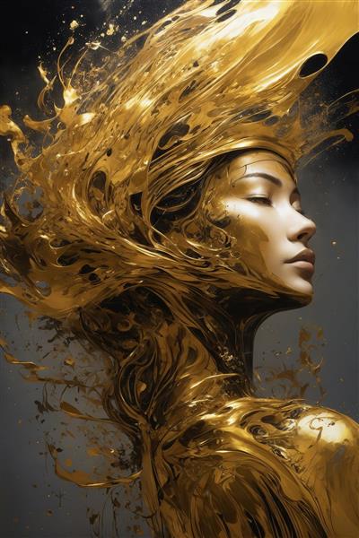 عکس چهره زن آسیایی با طلای مایع و موهای انتزاعی برای تابلو مدرن