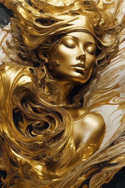 طرح چهره زن طلایی با پیشانی‌بند در میان طلای مایع برای چاپ پرده
