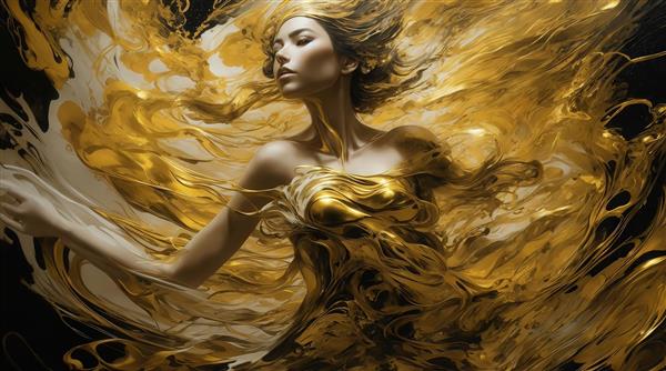 عکس فیگور زن شرقی با موهای طلایی و لباس مایع برای تابلو دکوراتیو لوکس