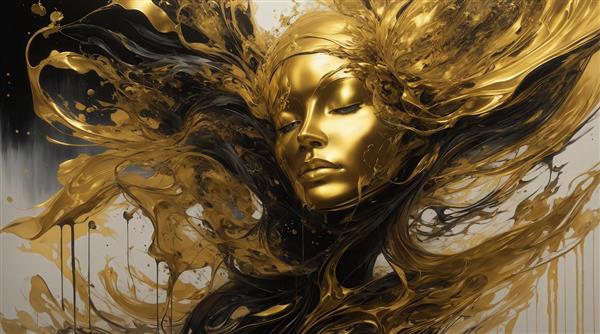 طرح چهره زن طلایی در حال استراحت با موهای مایع برای چاپ روی روتختی