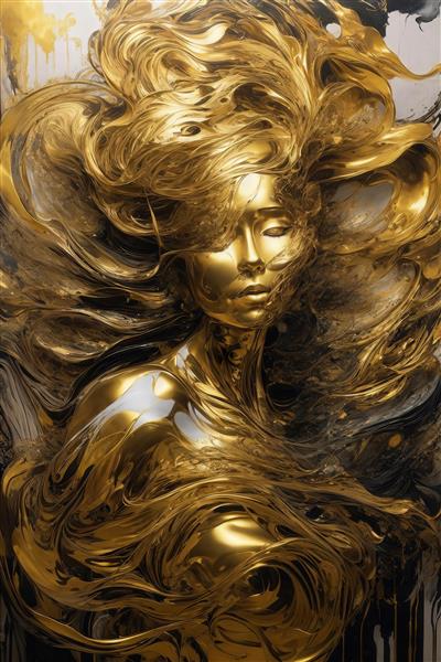 عکس چهره زن طلایی با موهای آشفته و طلای روان برای تابلو دکوراتیو