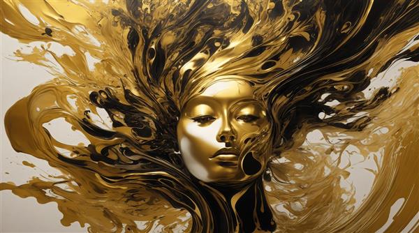 طرح چهره زن با ماسک طلایی و موهای فوران کرده انتزاعی برای چاپ روی بوم