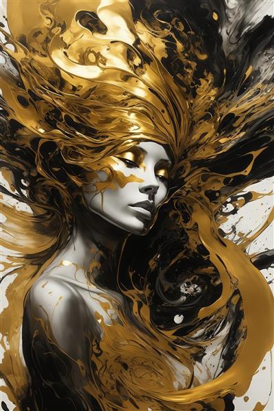 تصویر چهره زن با ماسک طلایی و موهای فوران کرده انتزاعی برای تابلو مدرن