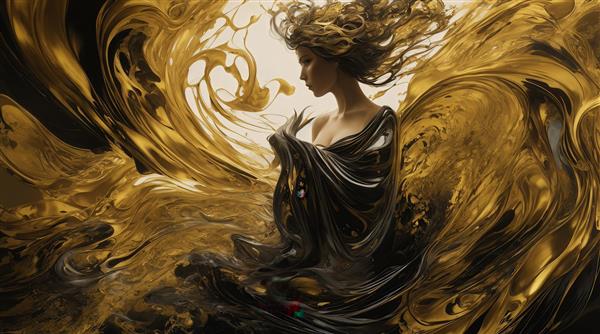 عکس زن با لباس مشکی در میان موج‌های طلایی برای پوستر سورئال باکیفیت