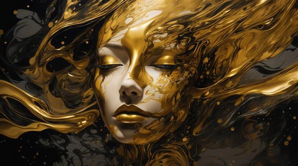 طرح چهره زن خوابیده با طلای روان و موهای انتزاعی برای تابلو اتاق نشیمن