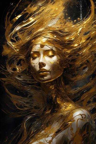 طرح فیگور زن با آرایش طلایی مایع روی پس‌زمینه تیره برای پوستر دیواری