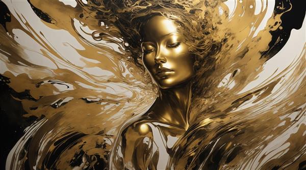 تصویر چهره زن طلایی در هاله‌ای از طلای روان برای چاپ تابلو مدرن