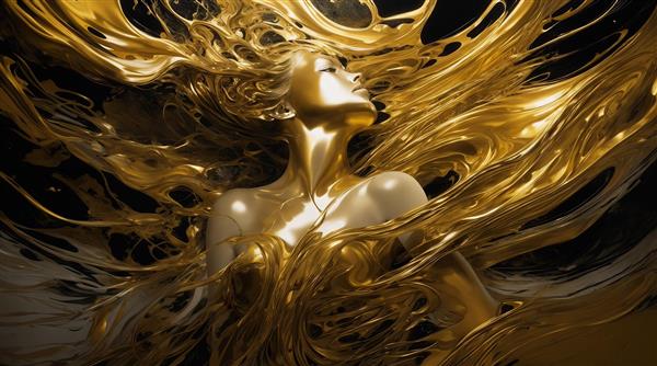 عکس فیگور زن پوشیده در طلای مایع روی پس‌زمینه تیره برای تابلو لوکس